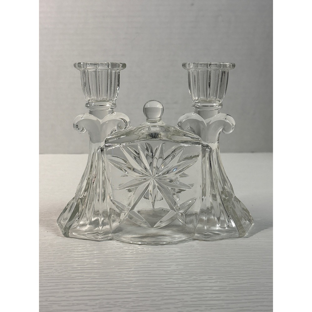 Vintage Clear Pressed Glass Double Candle Holder Starburst Vanity S0156